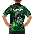 Personalised New Zealand Darts Hawaiian Shirt Maori Koru Dartboard Green Flame