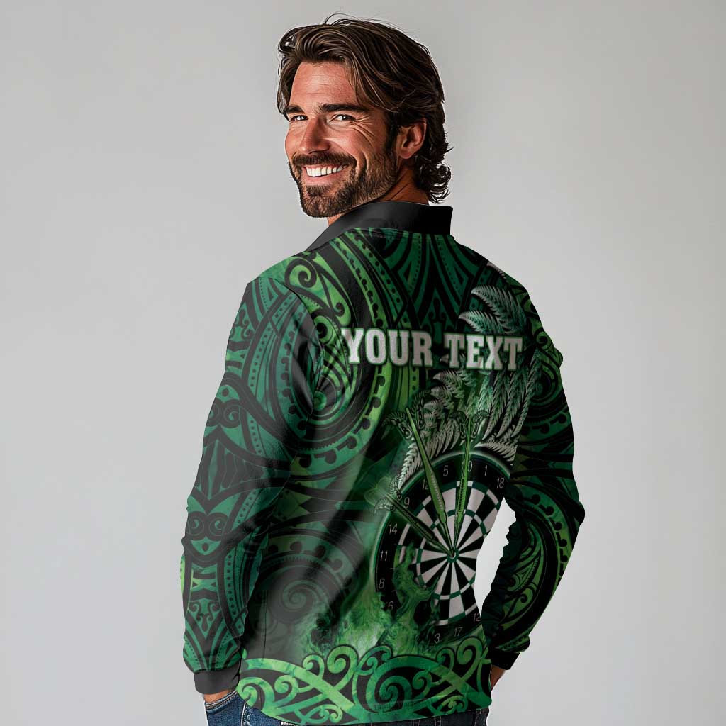 Personalised New Zealand Darts Long Sleeve Polo Shirt Maori Koru Dartboard Green Flame