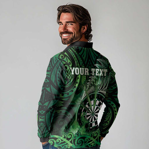 Personalised New Zealand Darts Long Sleeve Polo Shirt Maori Koru Dartboard Green Flame