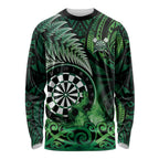 Personalised New Zealand Darts Long Sleeve Shirt Maori Koru Dartboard Green Flame