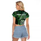Personalised New Zealand Darts Raglan Cropped T Shirt Maori Koru Dartboard Green Flame