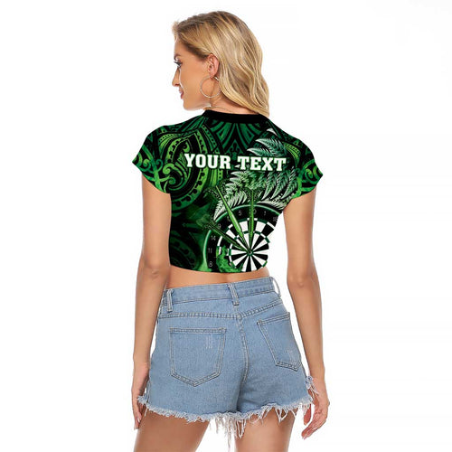 Personalised New Zealand Darts Raglan Cropped T Shirt Maori Koru Dartboard Green Flame