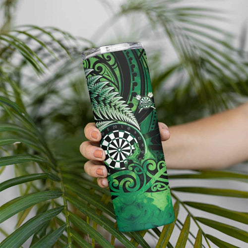Personalised New Zealand Darts Skinny Tumbler Maori Koru Dartboard Green Flame