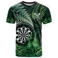 Personalised New Zealand Darts T Shirt Maori Koru Dartboard Green Flame