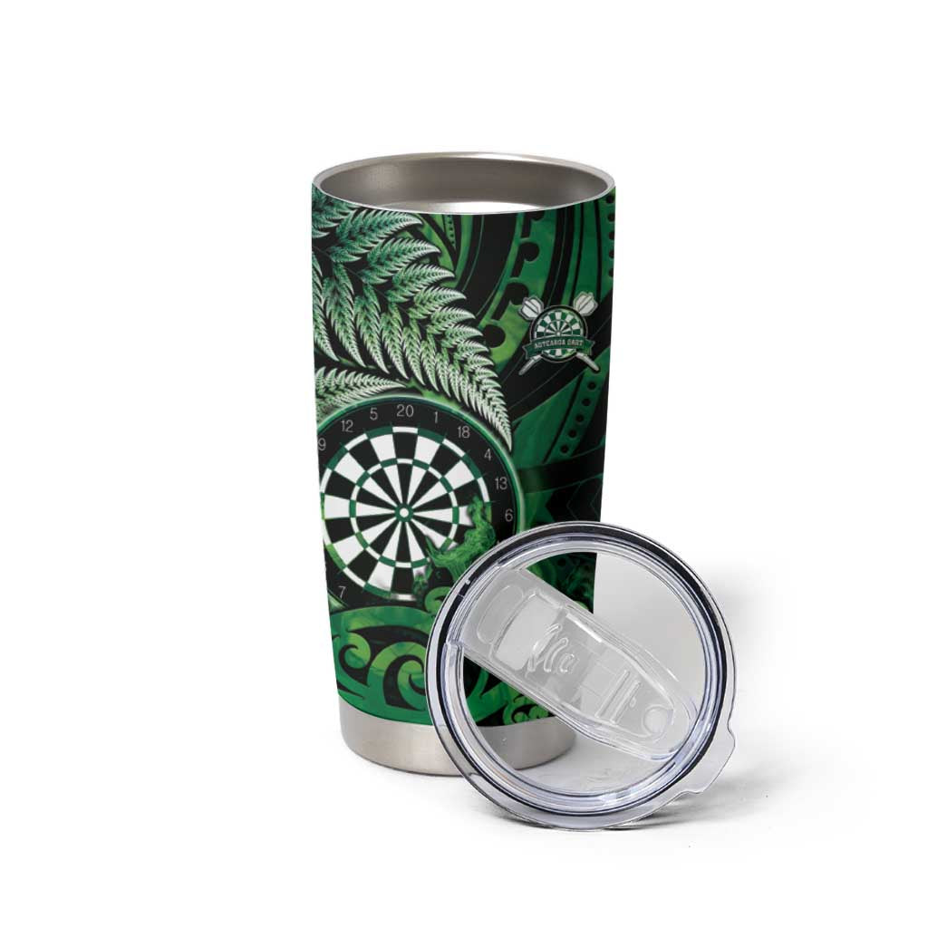 Personalised New Zealand Darts Tumbler Cup Maori Koru Dartboard Green Flame