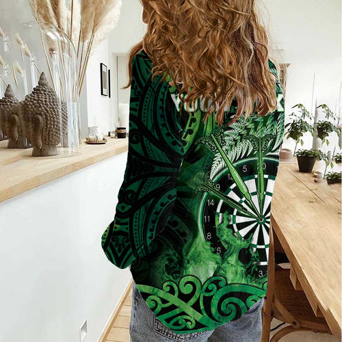 Personalised New Zealand Darts Women Casual Shirt Maori Koru Dartboard Green Flame