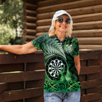 Personalised New Zealand Darts Women Polo Shirt Maori Koru Dartboard Green Flame