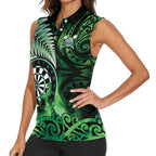 Personalised New Zealand Darts Women Sleeveless Polo Shirt Maori Koru Dartboard Green Flame
