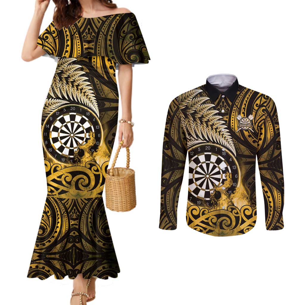 Personalised New Zealand Darts Couples Matching Mermaid Dress and Long Sleeve Button Shirt Maori Koru Dartboard Gold Flame