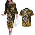 Personalised New Zealand Darts Couples Matching Off The Shoulder Long Sleeve Dress and Hawaiian Shirt Maori Koru Dartboard Gold Flame