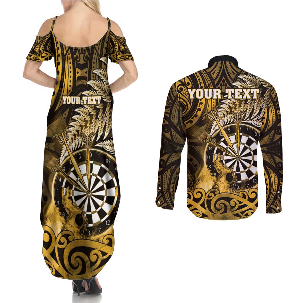Personalised New Zealand Darts Couples Matching Summer Maxi Dress and Long Sleeve Button Shirt Maori Koru Dartboard Gold Flame