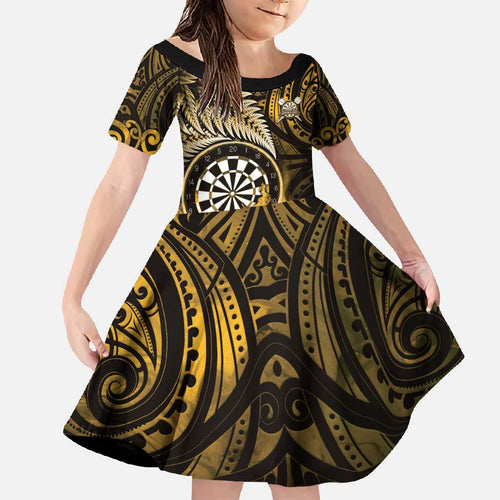 Personalised New Zealand Darts Family Matching Long Sleeve Bodycon Dress and Hawaiian Shirt Maori Koru Dartboard Gold Flame