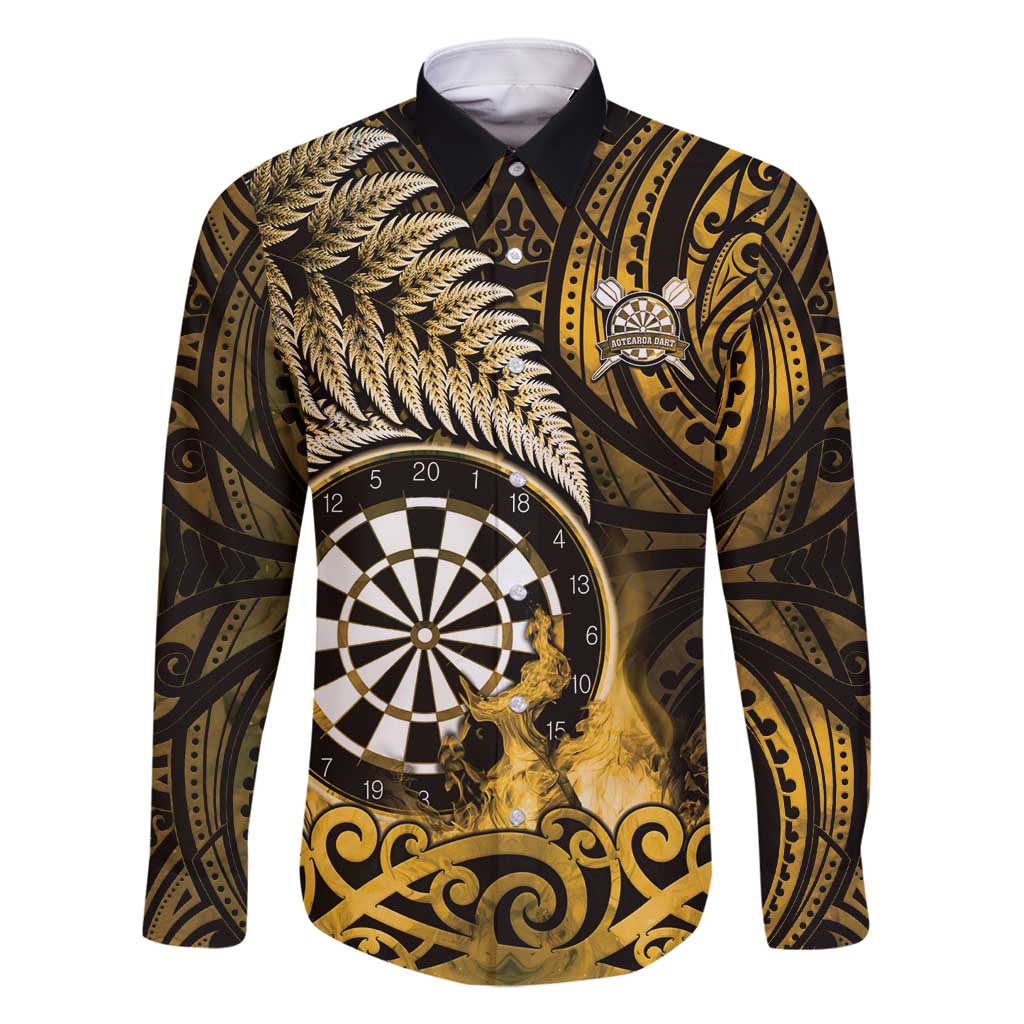 Personalised New Zealand Darts Family Matching Long Sleeve Bodycon Dress and Hawaiian Shirt Maori Koru Dartboard Gold Flame
