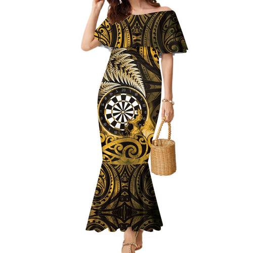 Personalised New Zealand Darts Family Matching Mermaid Dress and Hawaiian Shirt Maori Koru Dartboard Gold Flame