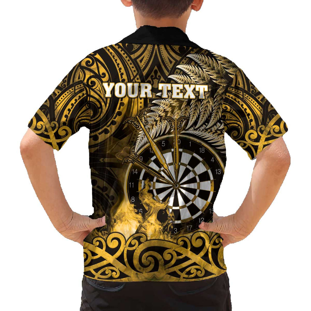 Personalised New Zealand Darts Family Matching Off The Shoulder Long Sleeve Dress and Hawaiian Shirt Maori Koru Dartboard Gold Flame