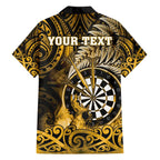Personalised New Zealand Darts Family Matching Off The Shoulder Long Sleeve Dress and Hawaiian Shirt Maori Koru Dartboard Gold Flame