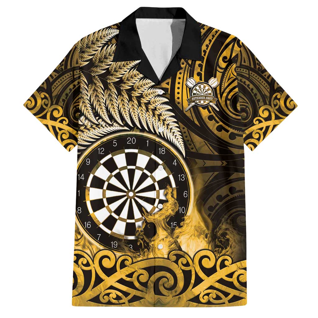 Personalised New Zealand Darts Family Matching Off Shoulder Maxi Dress and Hawaiian Shirt Maori Koru Dartboard Gold Flame