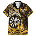 Personalised New Zealand Darts Family Matching Off Shoulder Maxi Dress and Hawaiian Shirt Maori Koru Dartboard Gold Flame