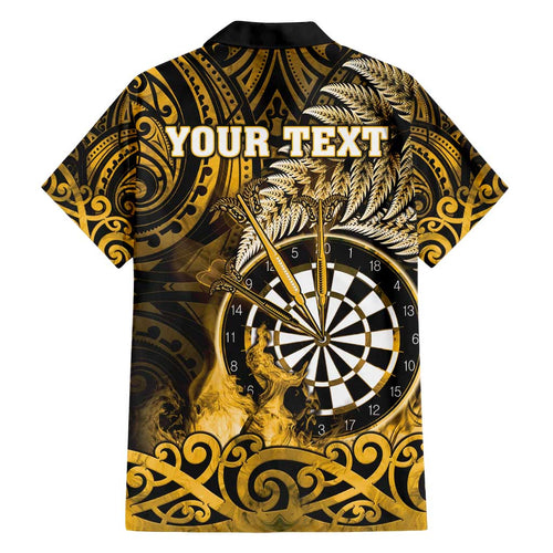 Personalised New Zealand Darts Family Matching Off Shoulder Maxi Dress and Hawaiian Shirt Maori Koru Dartboard Gold Flame