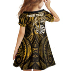 Personalised New Zealand Darts Family Matching Off Shoulder Short Dress and Hawaiian Shirt Maori Koru Dartboard Gold Flame