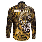 Personalised New Zealand Darts Family Matching Off Shoulder Short Dress and Hawaiian Shirt Maori Koru Dartboard Gold Flame