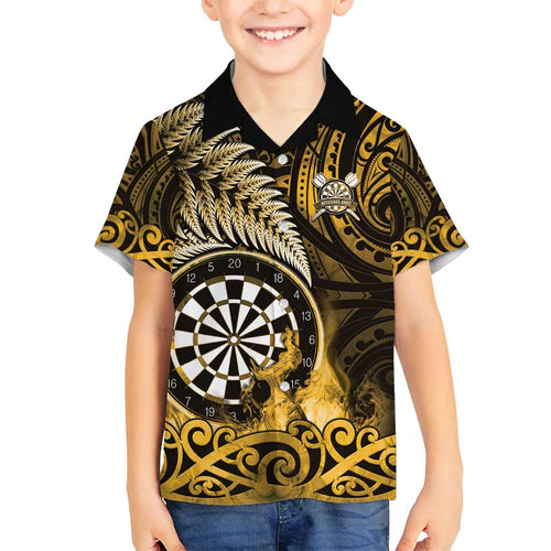 Personalised New Zealand Darts Family Matching Puletasi and Hawaiian Shirt Maori Koru Dartboard Gold Flame