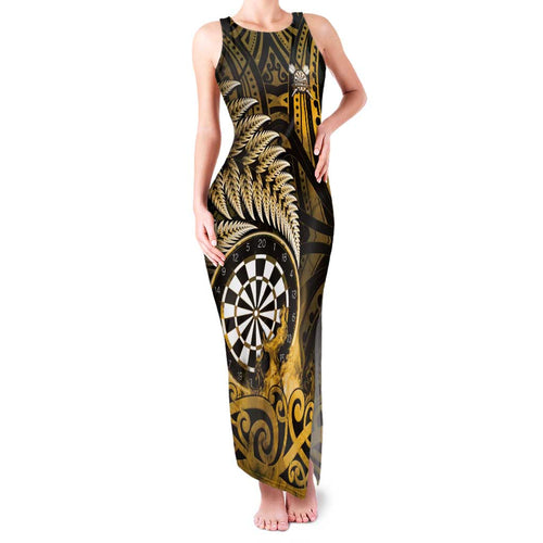 Personalised New Zealand Darts Family Matching Tank Maxi Dress and Hawaiian Shirt Maori Koru Dartboard Gold Flame