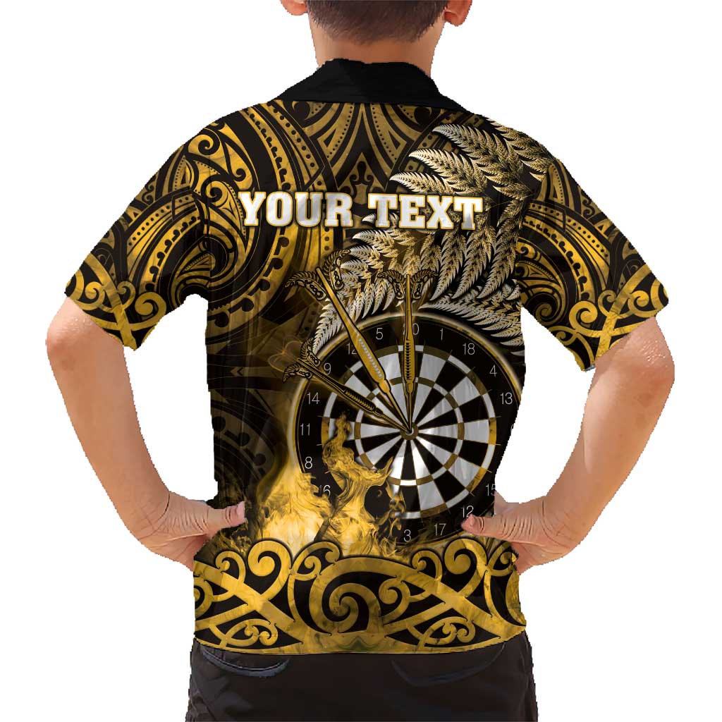 Personalised New Zealand Darts Hawaiian Shirt Maori Koru Dartboard Gold Flame