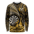 Personalised New Zealand Darts Long Sleeve Shirt Maori Koru Dartboard Gold Flame