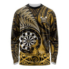 Personalised New Zealand Darts Long Sleeve Shirt Maori Koru Dartboard Gold Flame