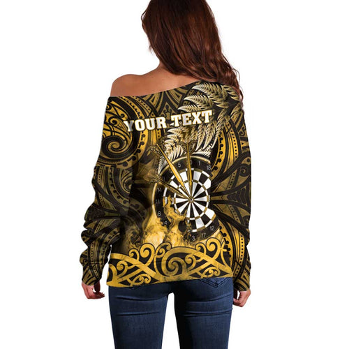 Personalised New Zealand Darts Off Shoulder Sweater Maori Koru Dartboard Gold Flame