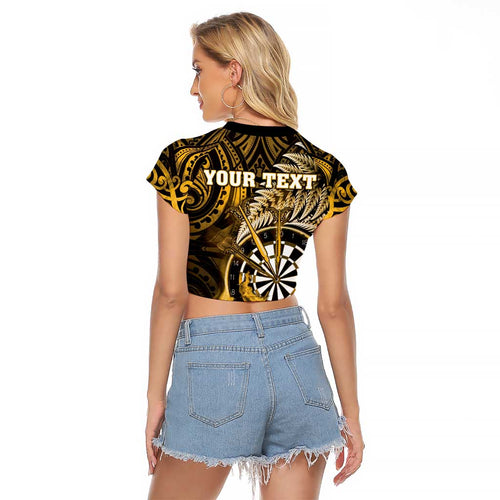 Personalised New Zealand Darts Raglan Cropped T Shirt Maori Koru Dartboard Gold Flame