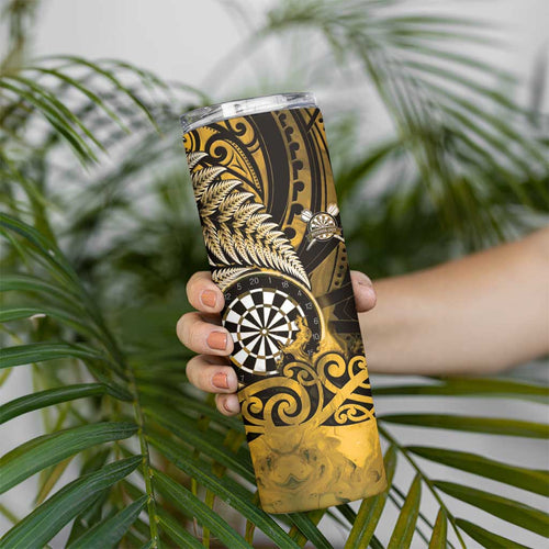 Personalised New Zealand Darts Skinny Tumbler Maori Koru Dartboard Gold Flame