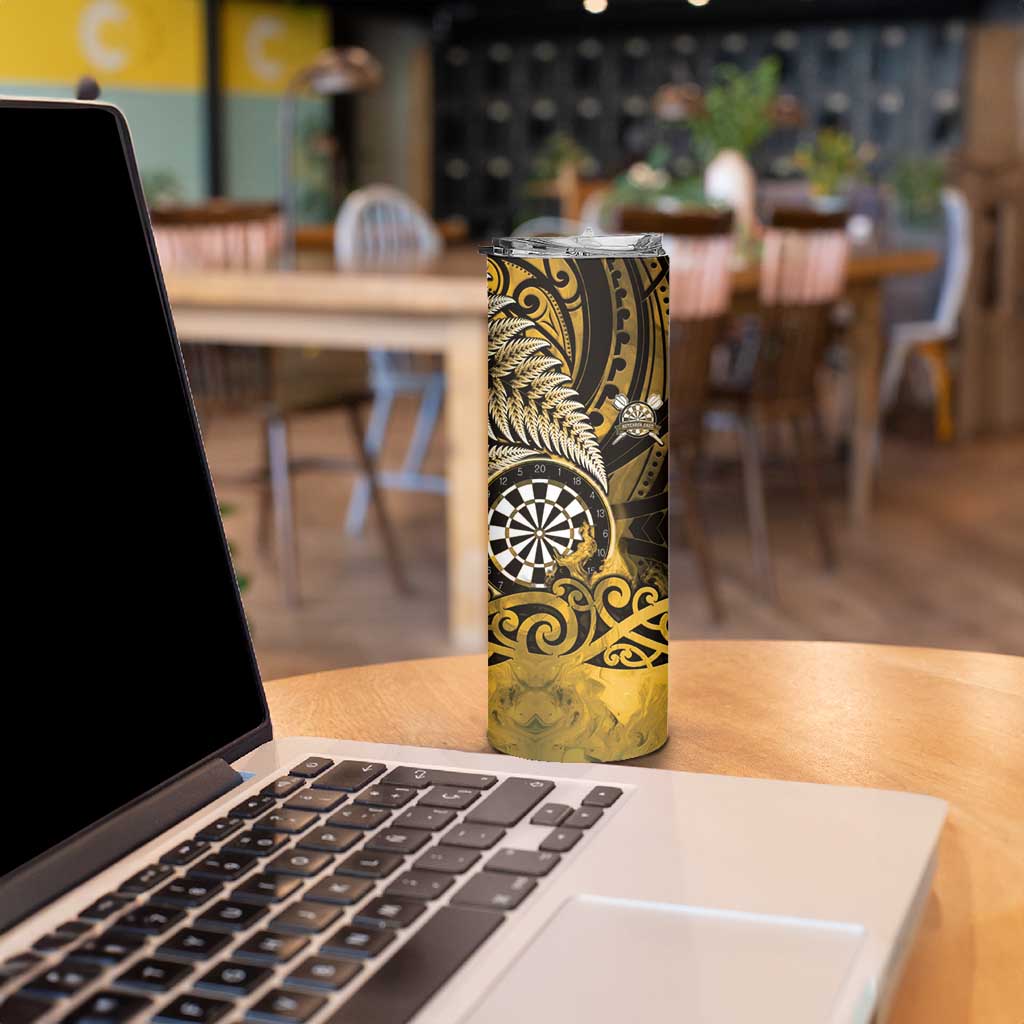 Personalised New Zealand Darts Skinny Tumbler Maori Koru Dartboard Gold Flame