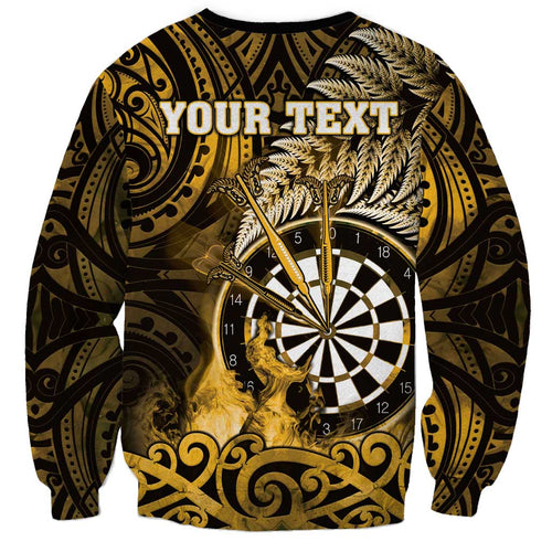 Personalised New Zealand Darts Sweatshirt Maori Koru Dartboard Gold Flame