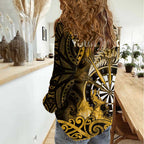 Personalised New Zealand Darts Women Casual Shirt Maori Koru Dartboard Gold Flame