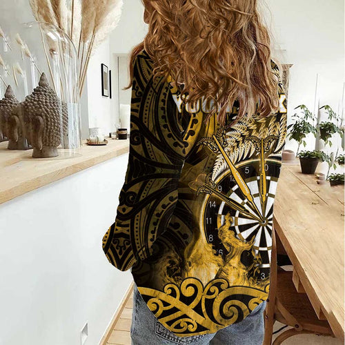 Personalised New Zealand Darts Women Casual Shirt Maori Koru Dartboard Gold Flame