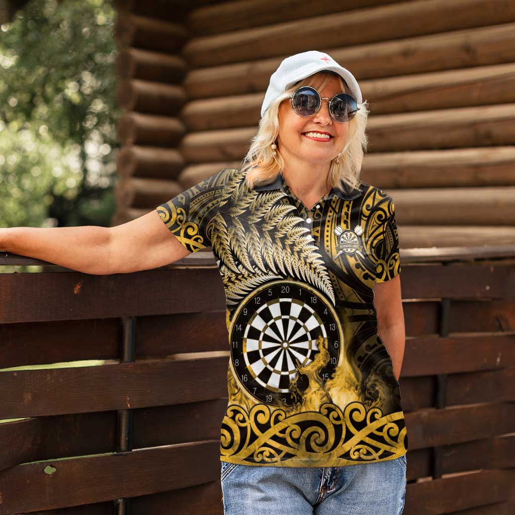 Personalised New Zealand Darts Women Polo Shirt Maori Koru Dartboard Gold Flame