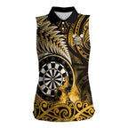 Personalised New Zealand Darts Women Sleeveless Polo Shirt Maori Koru Dartboard Gold Flame