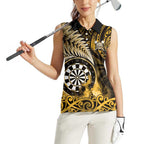 Personalised New Zealand Darts Women Sleeveless Polo Shirt Maori Koru Dartboard Gold Flame
