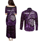 Personalised New Zealand Darts Couples Matching Puletasi and Long Sleeve Button Shirt Maori Koru Dartboard Purple Flame