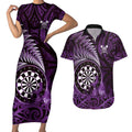 Personalised New Zealand Darts Couples Matching Short Sleeve Bodycon Dress and Hawaiian Shirt Maori Koru Dartboard Purple Flame