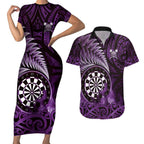 Personalised New Zealand Darts Couples Matching Short Sleeve Bodycon Dress and Hawaiian Shirt Maori Koru Dartboard Purple Flame