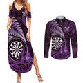 Personalised New Zealand Darts Couples Matching Summer Maxi Dress and Long Sleeve Button Shirt Maori Koru Dartboard Purple Flame