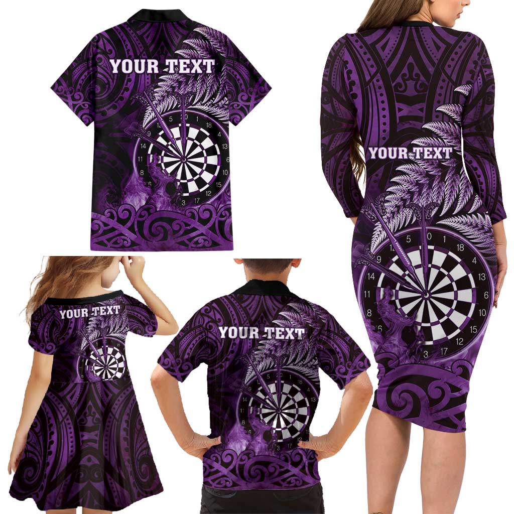 Personalised New Zealand Darts Family Matching Long Sleeve Bodycon Dress and Hawaiian Shirt Maori Koru Dartboard Purple Flame