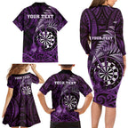 Personalised New Zealand Darts Family Matching Long Sleeve Bodycon Dress and Hawaiian Shirt Maori Koru Dartboard Purple Flame