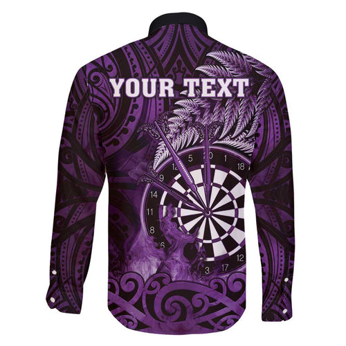 Personalised New Zealand Darts Family Matching Long Sleeve Bodycon Dress and Hawaiian Shirt Maori Koru Dartboard Purple Flame