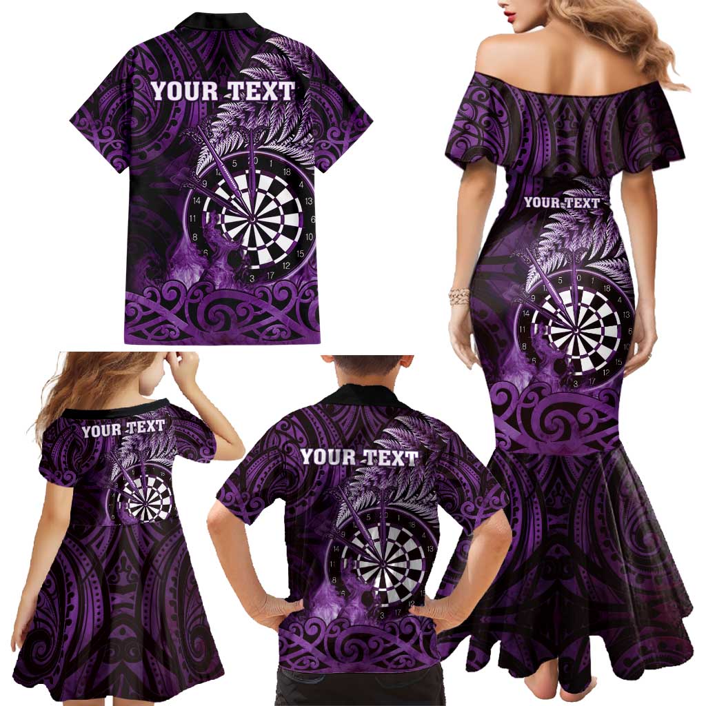 Personalised New Zealand Darts Family Matching Mermaid Dress and Hawaiian Shirt Maori Koru Dartboard Purple Flame