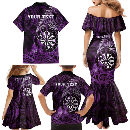 Personalised New Zealand Darts Family Matching Mermaid Dress and Hawaiian Shirt Maori Koru Dartboard Purple Flame