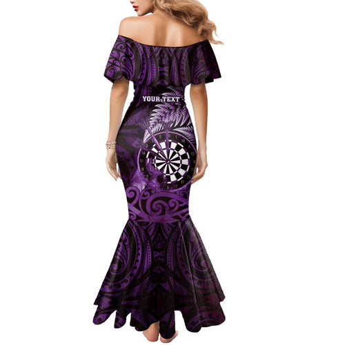 Personalised New Zealand Darts Family Matching Mermaid Dress and Hawaiian Shirt Maori Koru Dartboard Purple Flame